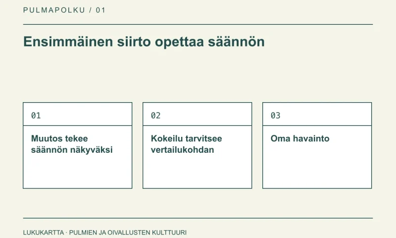 Lukukartta: Ensimmäinen siirto opettaa säännön. Muutos tekee säännön näkyväksi, Kokeilu tarvitsee vertailukohdan, Oma havainto.