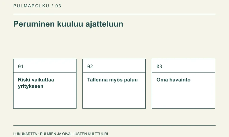 Lukukartta: Peruminen kuuluu ajatteluun. Riski vaikuttaa yritykseen, Tallenna myös paluu, Oma havainto.