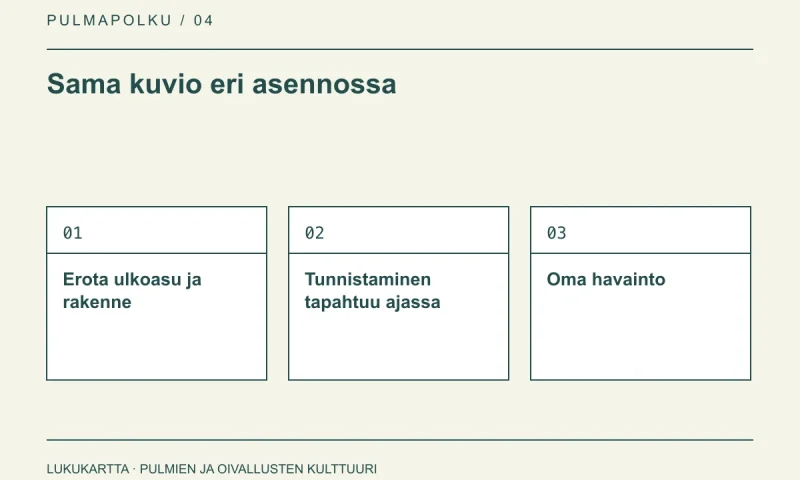 Lukukartta: Sama kuvio eri asennossa. Erota ulkoasu ja rakenne, Tunnistaminen tapahtuu ajassa, Oma havainto.