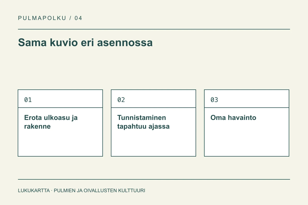 Lukukartta: Sama kuvio eri asennossa. Erota ulkoasu ja rakenne, Tunnistaminen tapahtuu ajassa, Oma havainto.