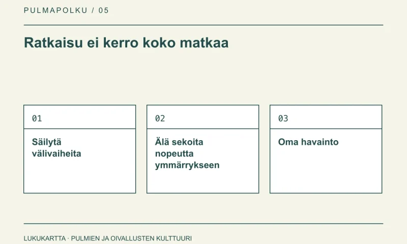 Lukukartta: Ratkaisu ei kerro koko matkaa. Säilytä välivaiheita, Älä sekoita nopeutta ymmärrykseen, Oma havainto.