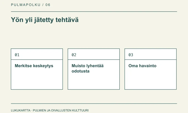 Lukukartta: Yön yli jätetty tehtävä. Merkitse keskeytys, Muisto lyhentää odotusta, Oma havainto.