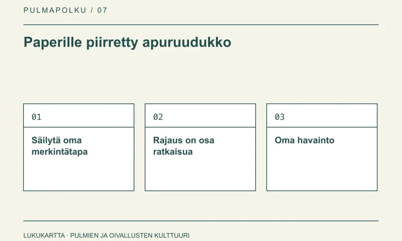 Lukukartta: Paperille piirretty apuruudukko. Säilytä oma merkintätapa, Rajaus on osa ratkaisua, Oma havainto.