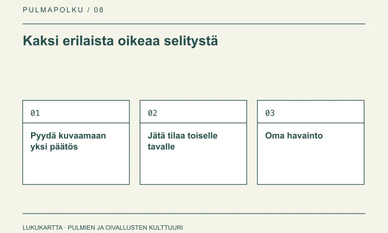 Lukukartta: Kaksi erilaista oikeaa selitystä. Pyydä kuvaamaan yksi päätös, Jätä tilaa toiselle tavalle, Oma havainto.